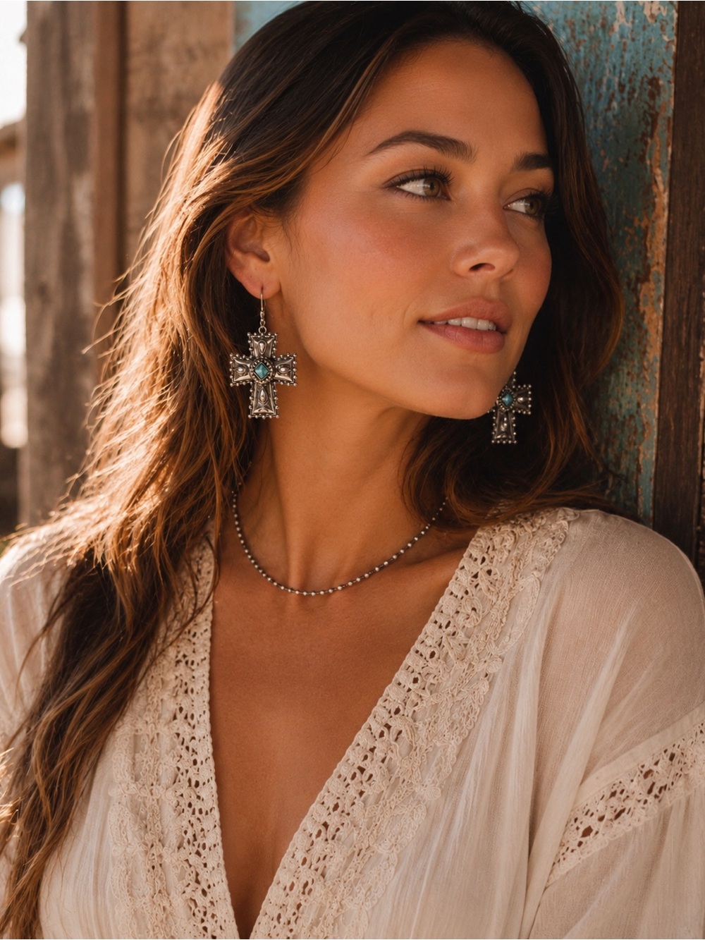 Silvertone Cross Turquoise  Earrings | Western Romance Faith Cowgirl Farmhouse